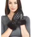 Black Mink Trim Wool Lined Leather Gloves