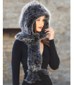 Stacy Black Frost Knit Fox Fur Scarf with Hood