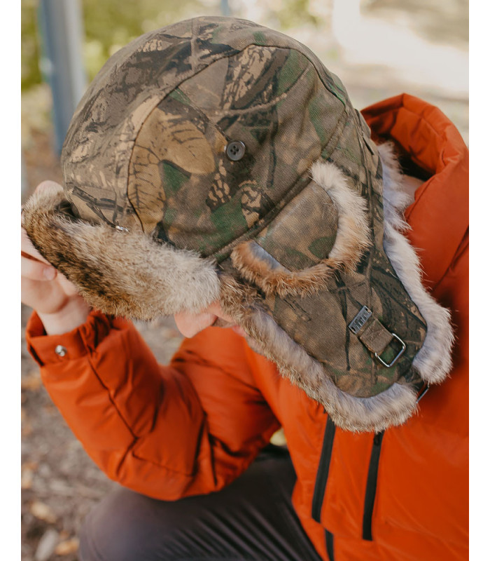 Chapeau de Trappeur Camouflage avec Fourrure de Lapin Brune Naturelle