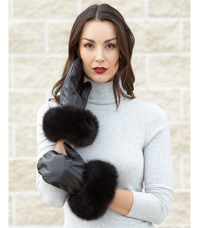 Vermont Leather Mittens with Wide Black Fox Fur Cuffs