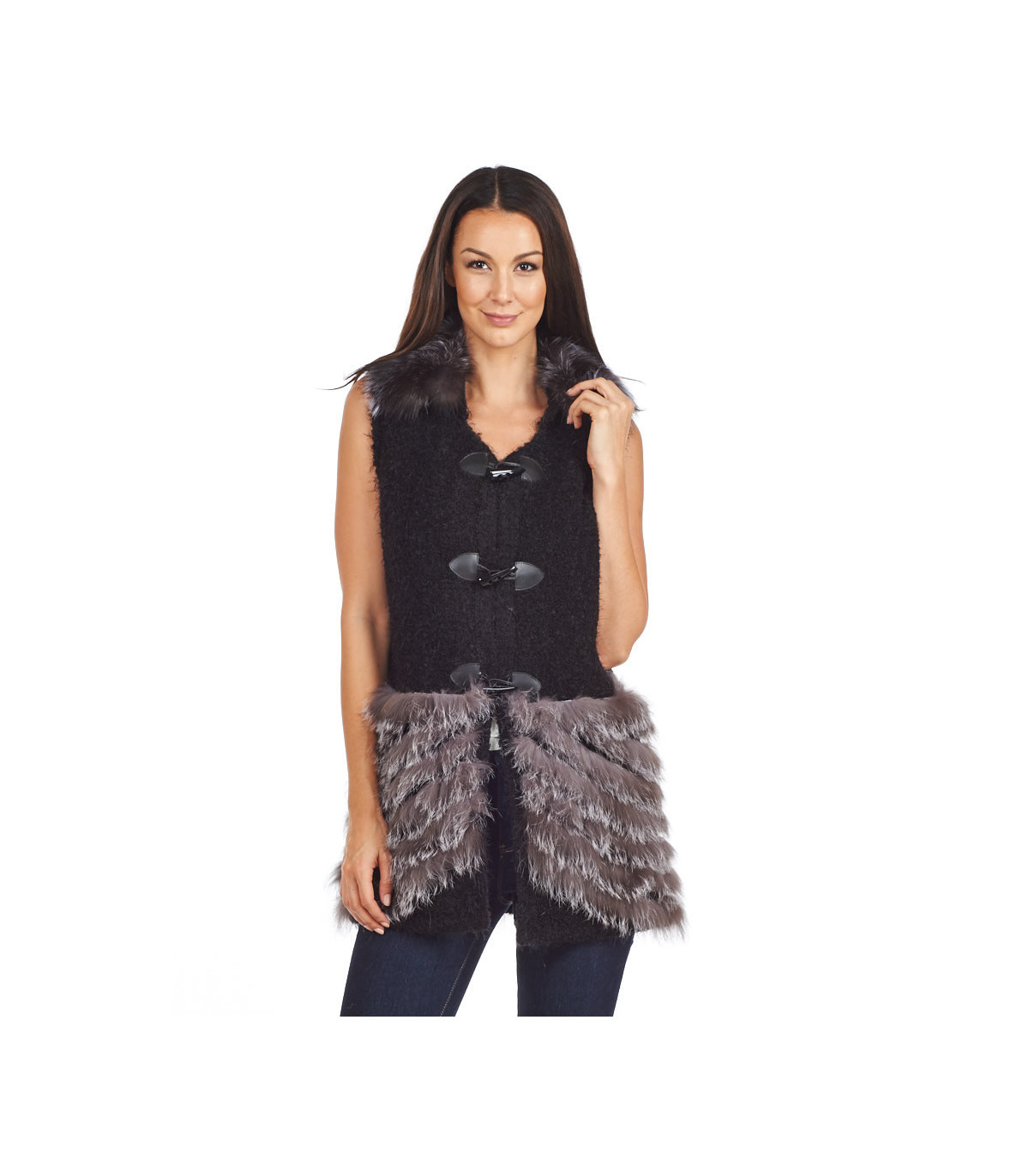 Diane Black Knit Vest with Layered Indigo Fox Trim: FurHatWorld