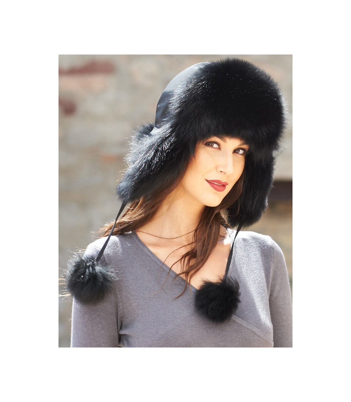 Womens Black Fox Fur Trapper Hat with Pom Poms at Fur Hat World