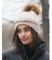The Cove Beanie with Face Mask and Raccoon Pom Pom in Cream