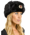 The Calgary Black Faux Fur Ladies Trapper Hat with Badge