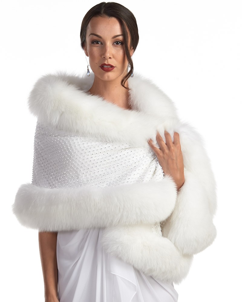 Aaliyah White Stole with Swarovski Crystals and Fox Fur Trim