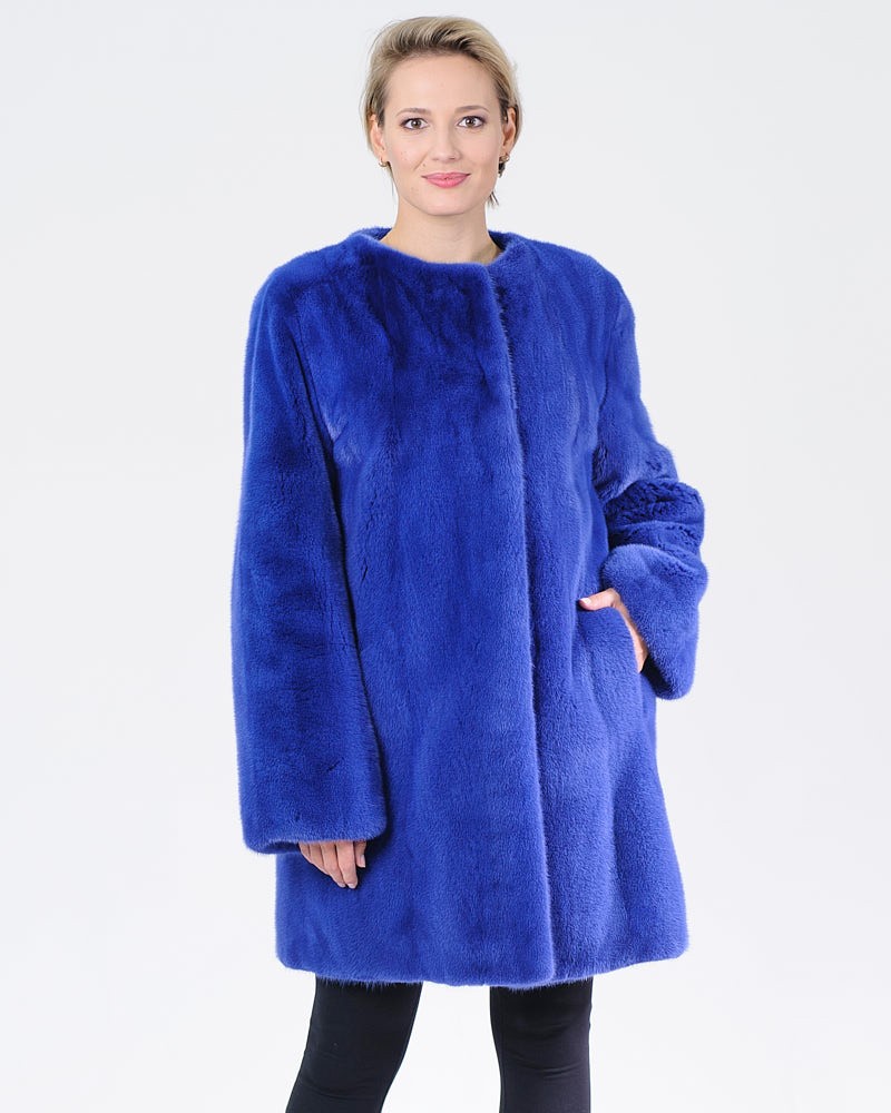 Alaina Collarless Blue Mink Fur Coat
