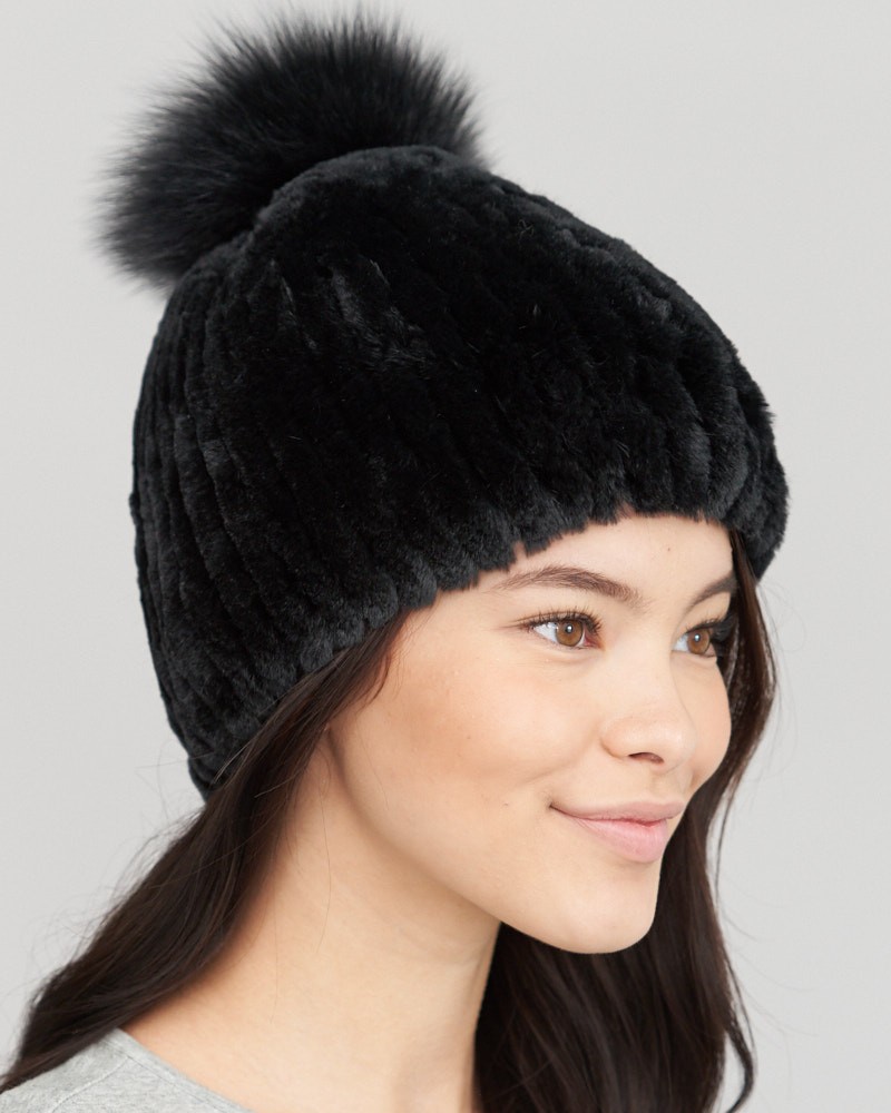 Alice Rex Rabbit Beanie Hat With Fox Pom Pom in Black