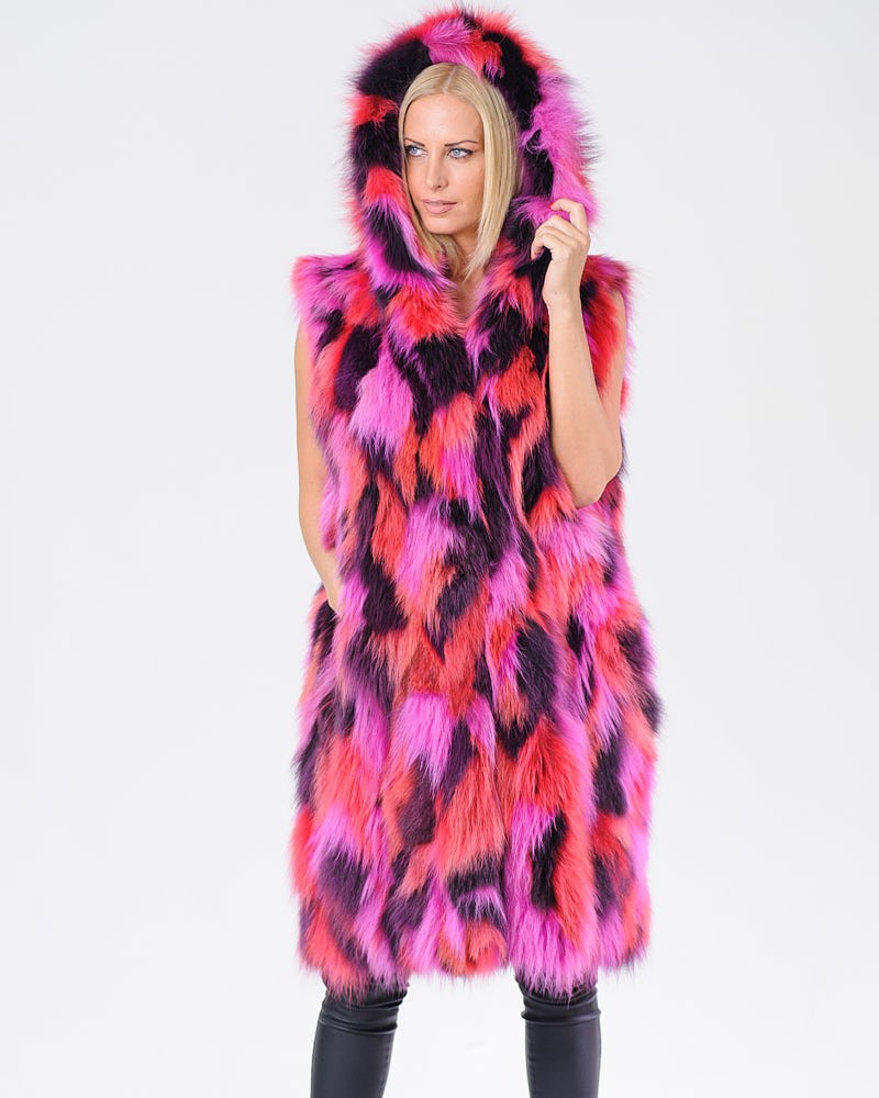 Alina Multi Color Fox Fur Vest with Hood