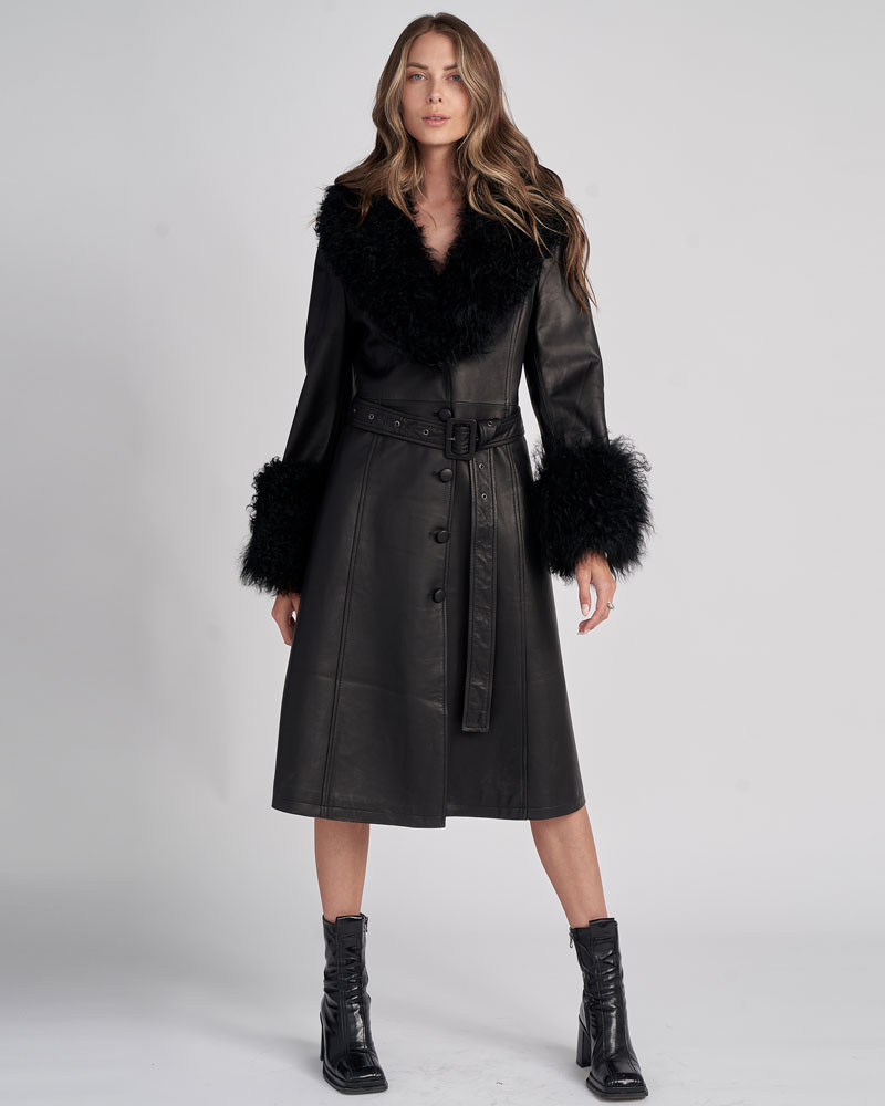 Alma Leather Trench Coat with Shearling Collar