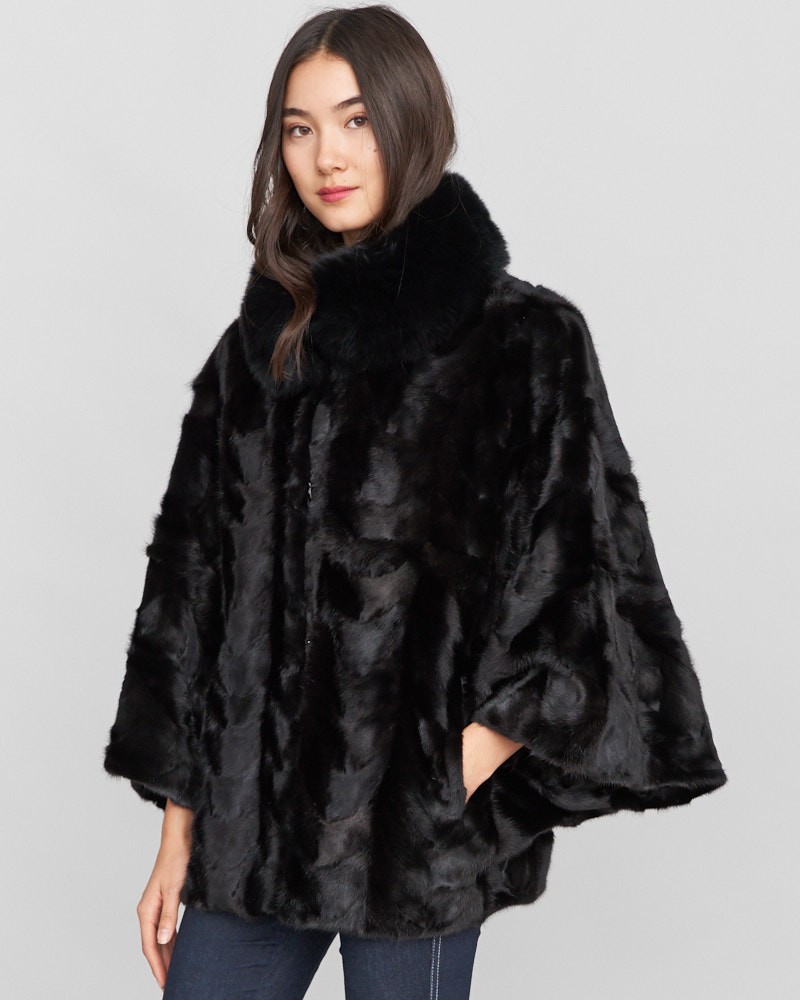 Arabella Black Mink Fur Cape with Fox Fur Collar