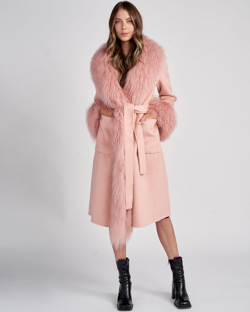 Astrid Cashmere Coat with Mongolian Lamb Fur in Blush