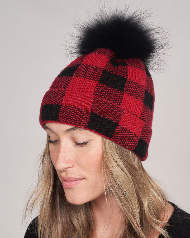 Red and Black Buffalo Plaid Knit Hat with Faux Fur Pompom