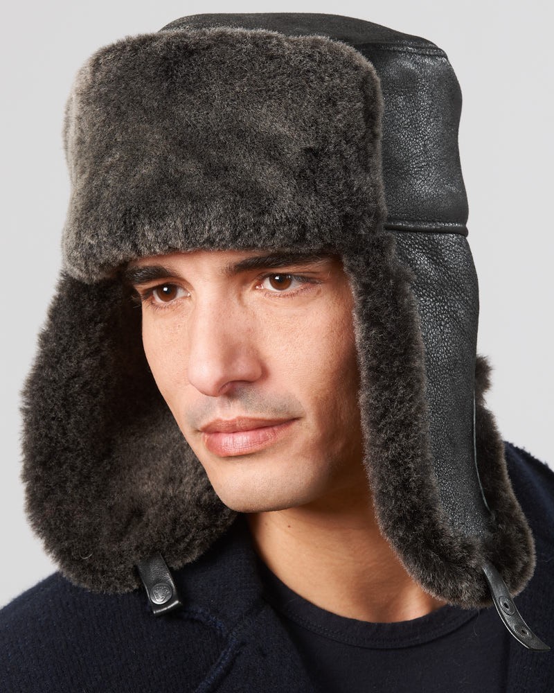 Black Ushanka Mens Hat with Ear Flaps Sheepskin Warm & Durable Made in Turkey 