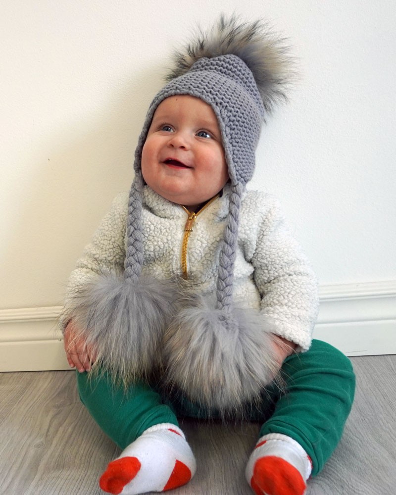 Briar Knit Baby Trapper Hat with Triple Finn Raccoon Fur Pom Pom