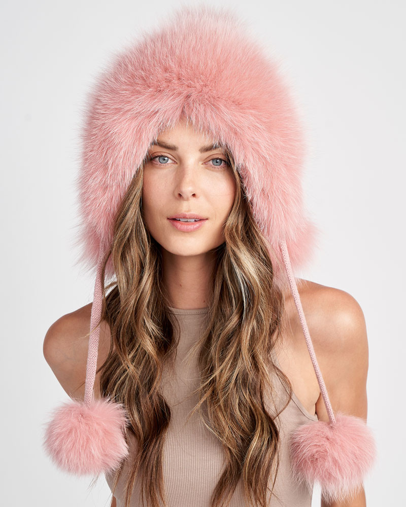 Cassie Knitted Hood with Fox Fur Trim in Rose