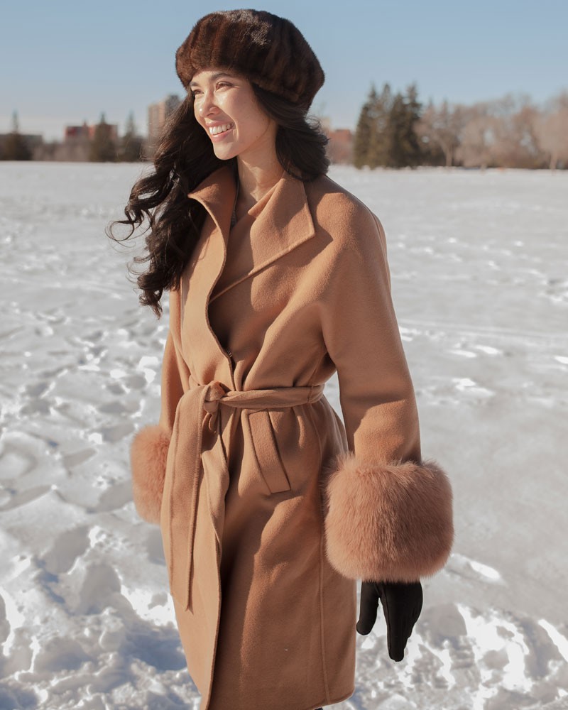 Chelsa Wool Wrap Trench Coat with Fox Fur Cuffs in Camel
