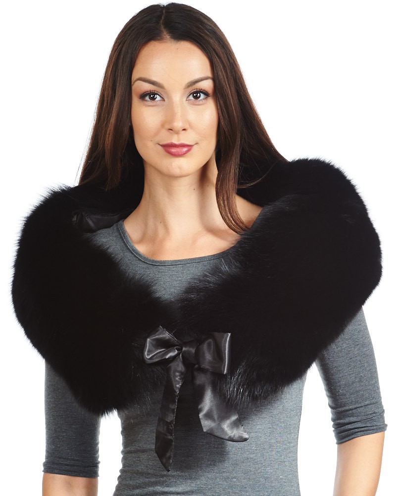 Christina Black Fox Fur Collar with Satin Ties