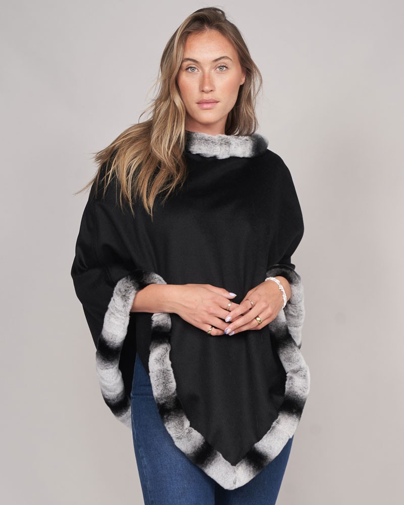 Cloud Cape in black trimmed with Rex Rabbit Fur in Chinchilla Grey