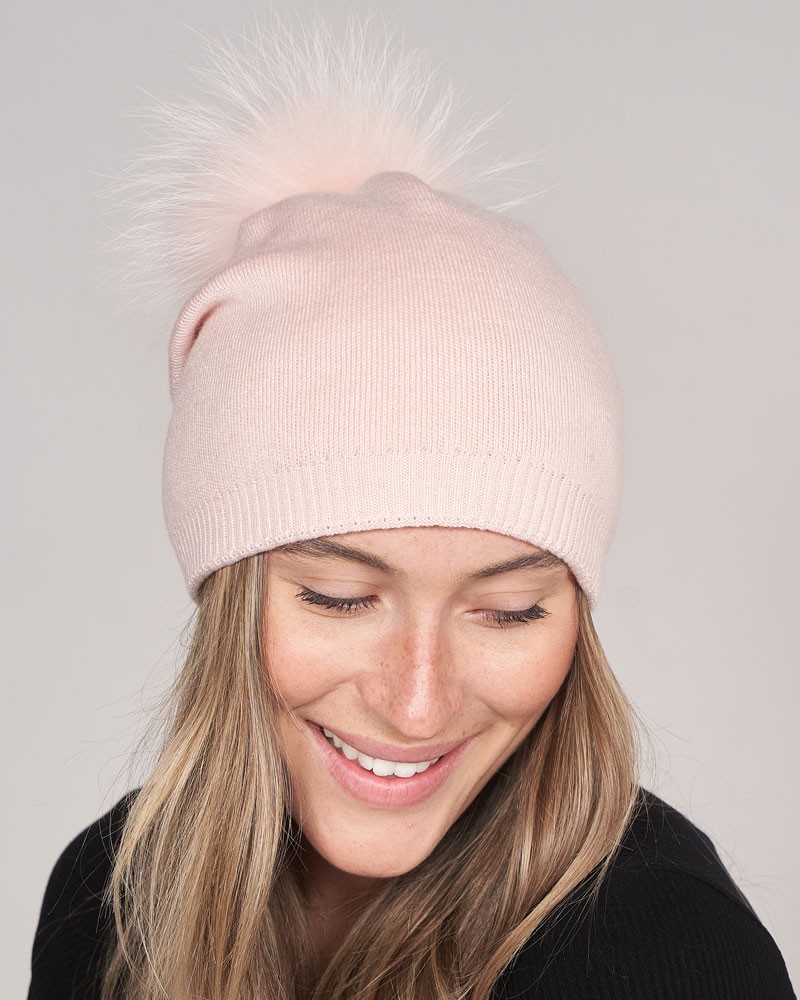 Lyric Light Pink Slouchy Beanie Hat with Finn Raccoon Pom Pom