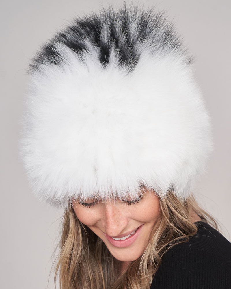 Diana Knit Fox Fur Hat in White with Black