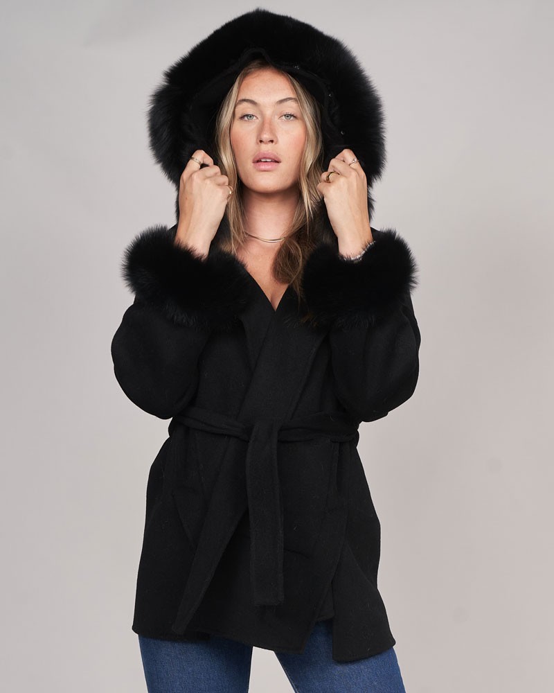 Elizabeth Hooded Wool Wrap Coat with Fox Fur Trim in Black