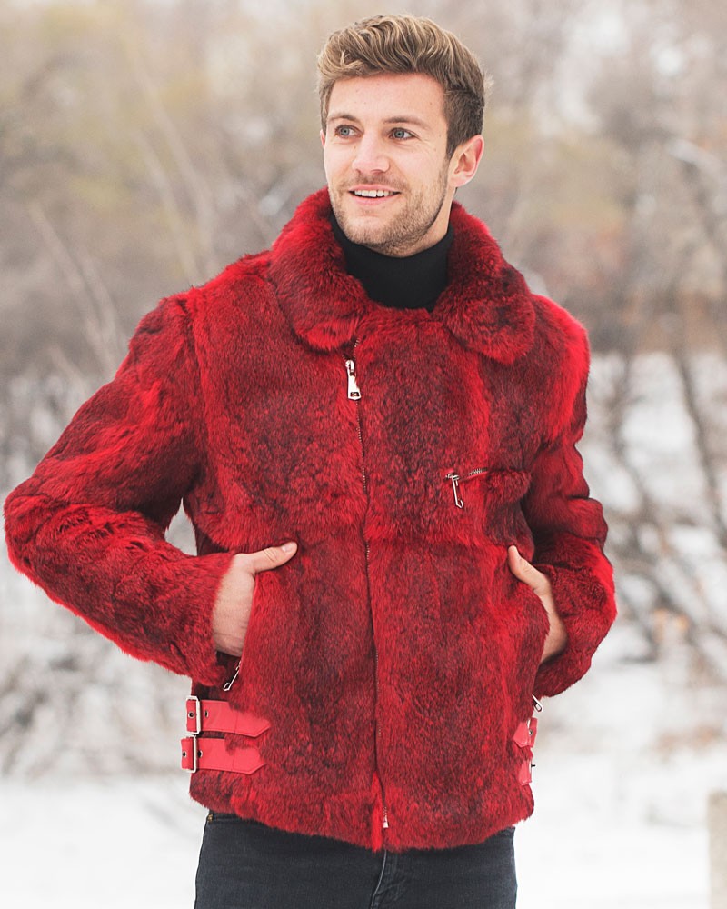Evan Rabbit Fur Biker Jacket in Red
