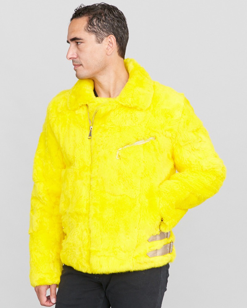 Evan Rabbit Fur Biker Jacket in Yellow