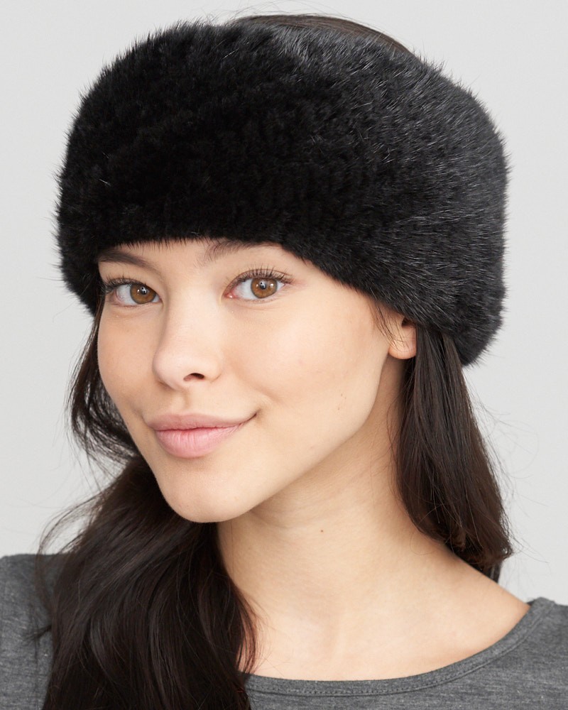Extra Wide Knit Mink Fur Headband in Black