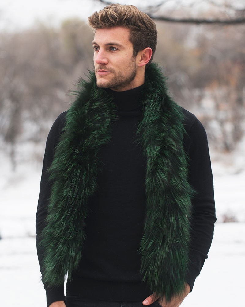 Austin Knit Finn Raccoon Fur Scarf For Men in Emerald
