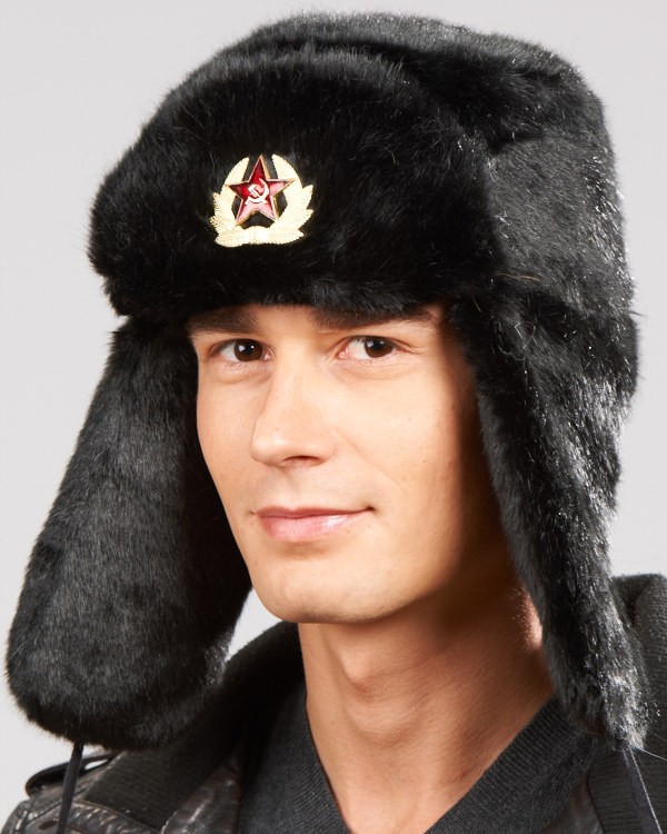 Russian Grey Faux Fur Ushanka Hat  with Military Badge/Different sizes available