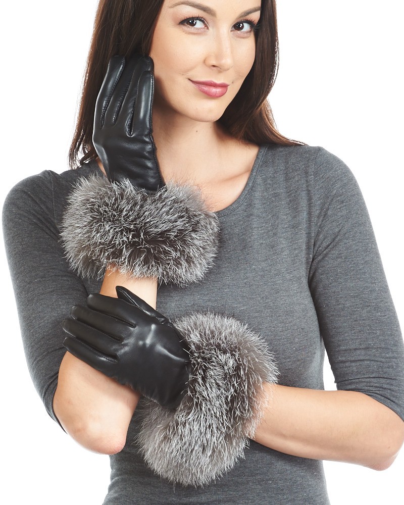 New Women's Fur Trimmed leather gloves Warm Lined Winter Gloves Black Gloves BN