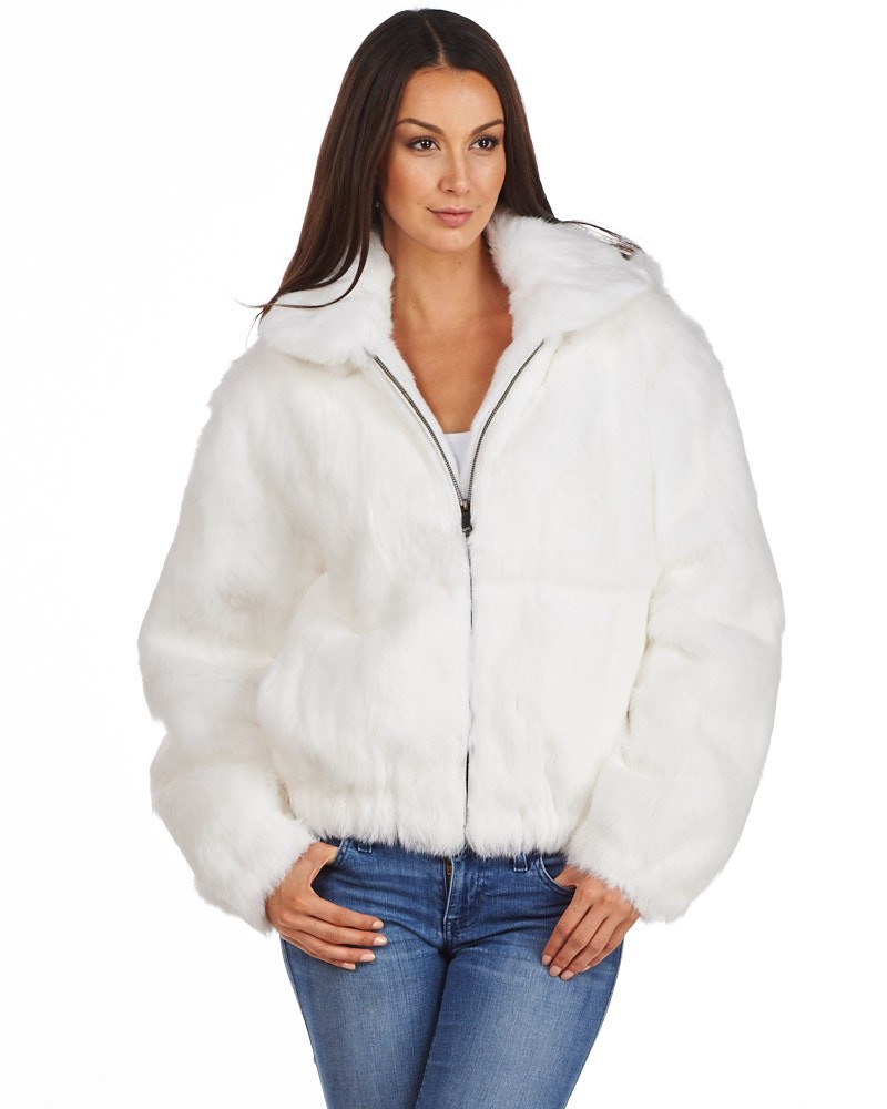 Frances White Rabbit Fur Bomber Jacket with Hood