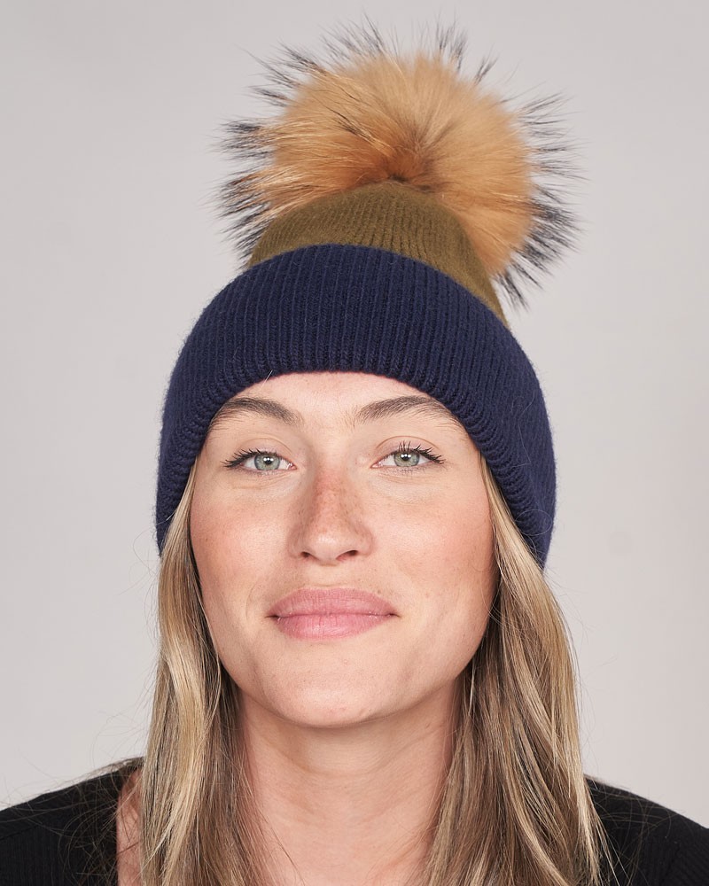 Frannie Two Toned Knit Beanie hat with Finn Raccoon Pom Pom in Olive/Navy