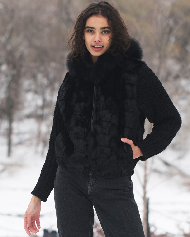 Georgia Patchwork Black Mink Vest with Fox Fur Trim