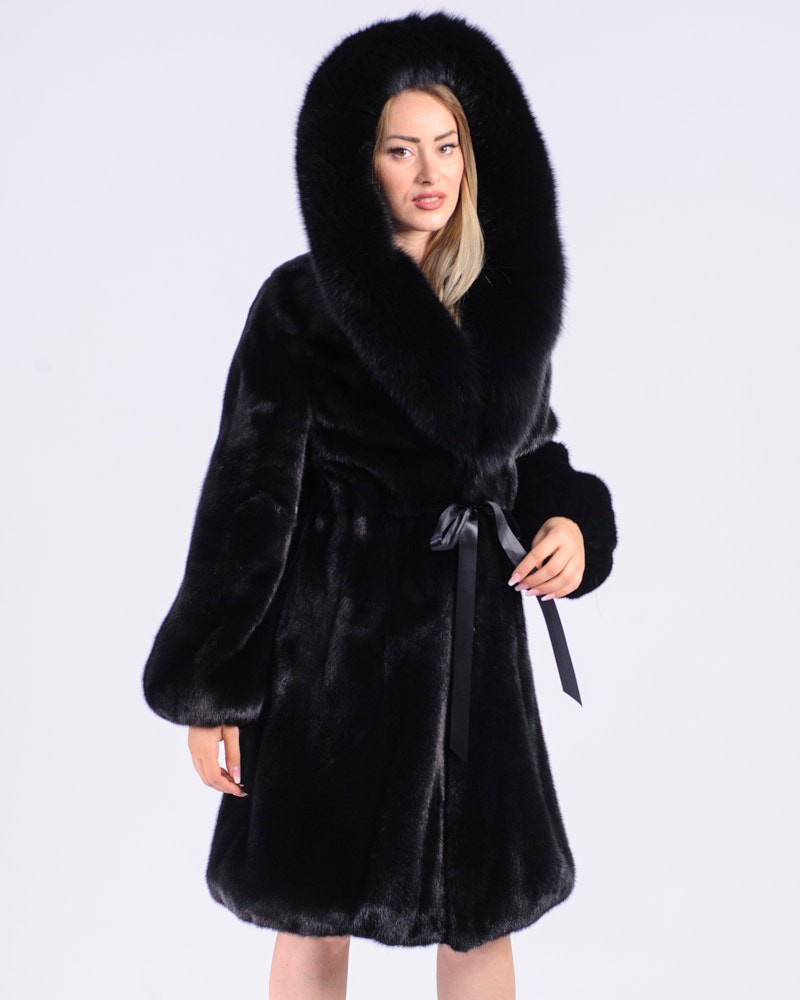 Gwyneth Black NAFA Mink Fur Coat with Fox Fur Hood