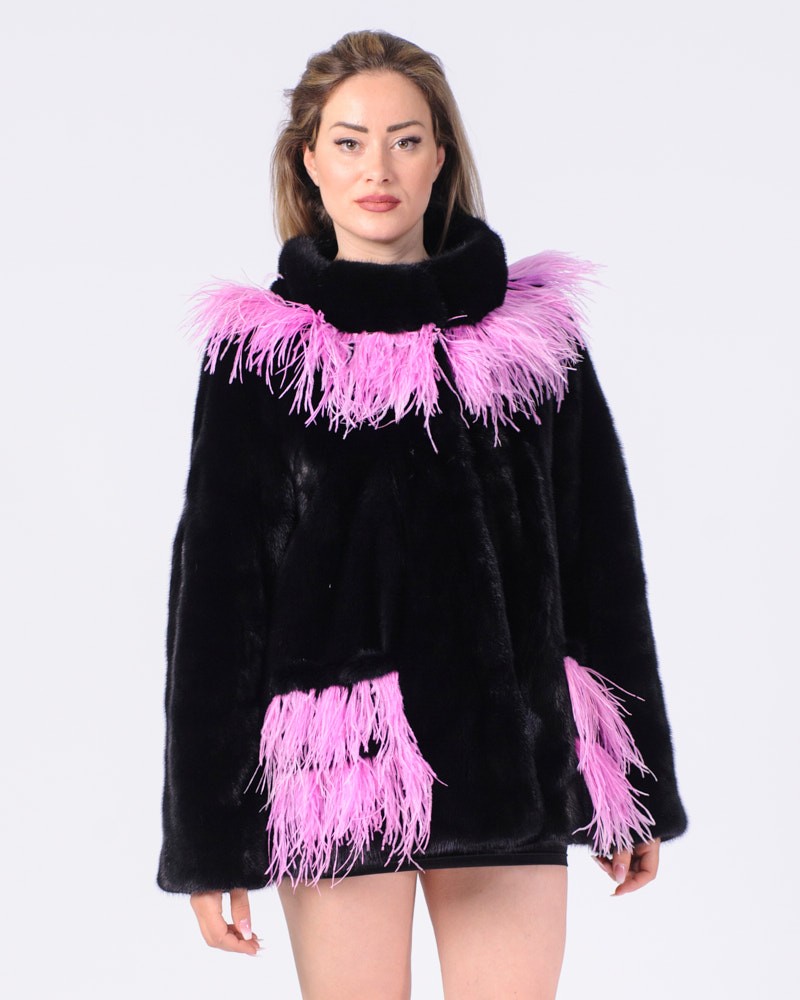 Ina Black NAFA Mink Fur Jacket with Pink Feather Trim