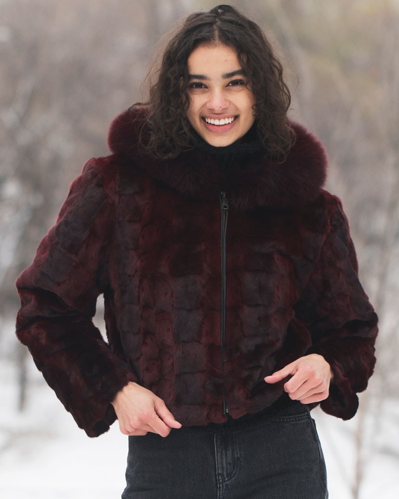 Johanna Burgundy Patched Mink Fur Jacket with Fox Fur Trimmed Hood