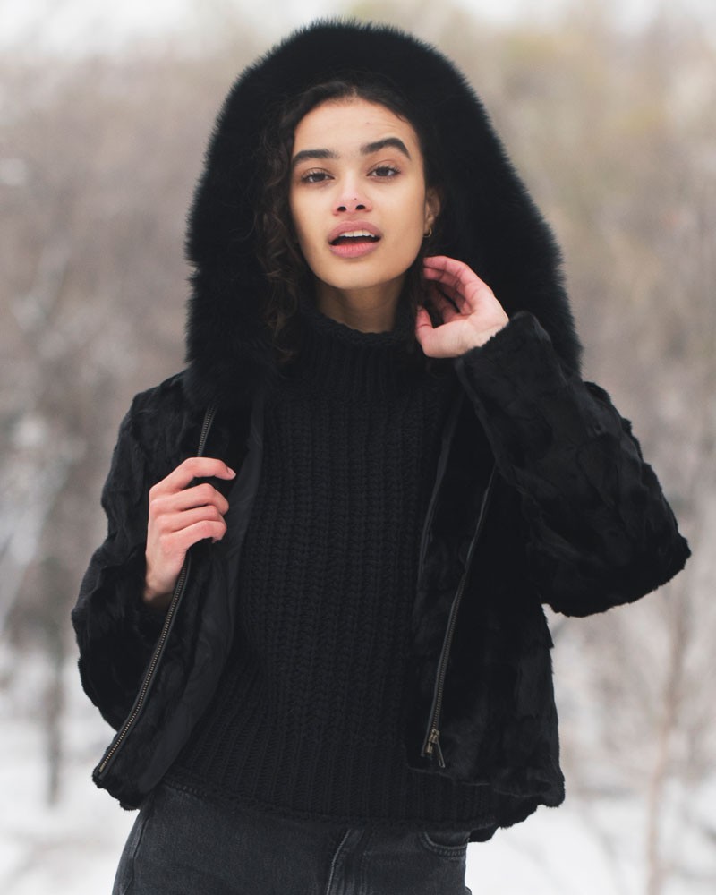Johanna Black Patched Mink Fur Jacket with Fox Fur Trimmed Hood