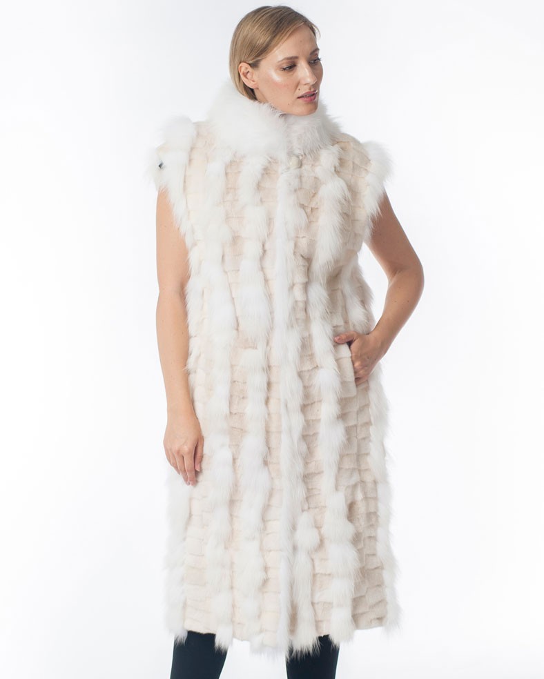 Kendra Beige Mink Fur Long Vest with Fox Trim