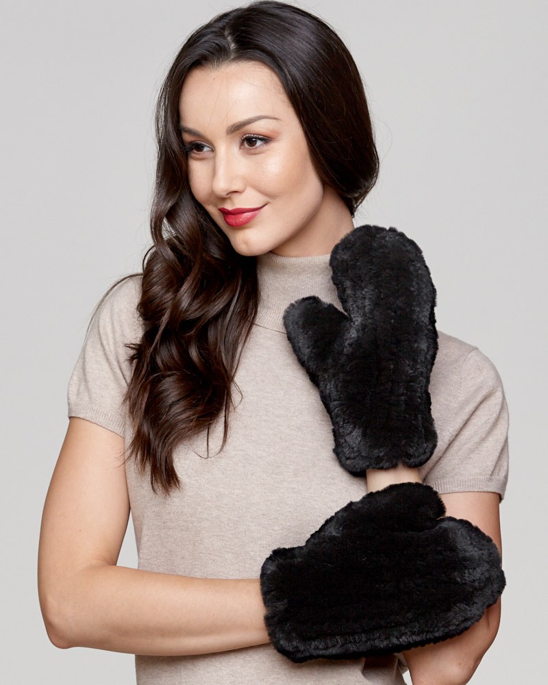 Kenna Knit Rabbit Fur Mitts in Black