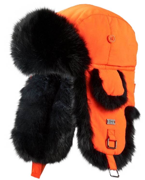Kids Blaze Orange with Black Rabbit Fur Aviator Hat