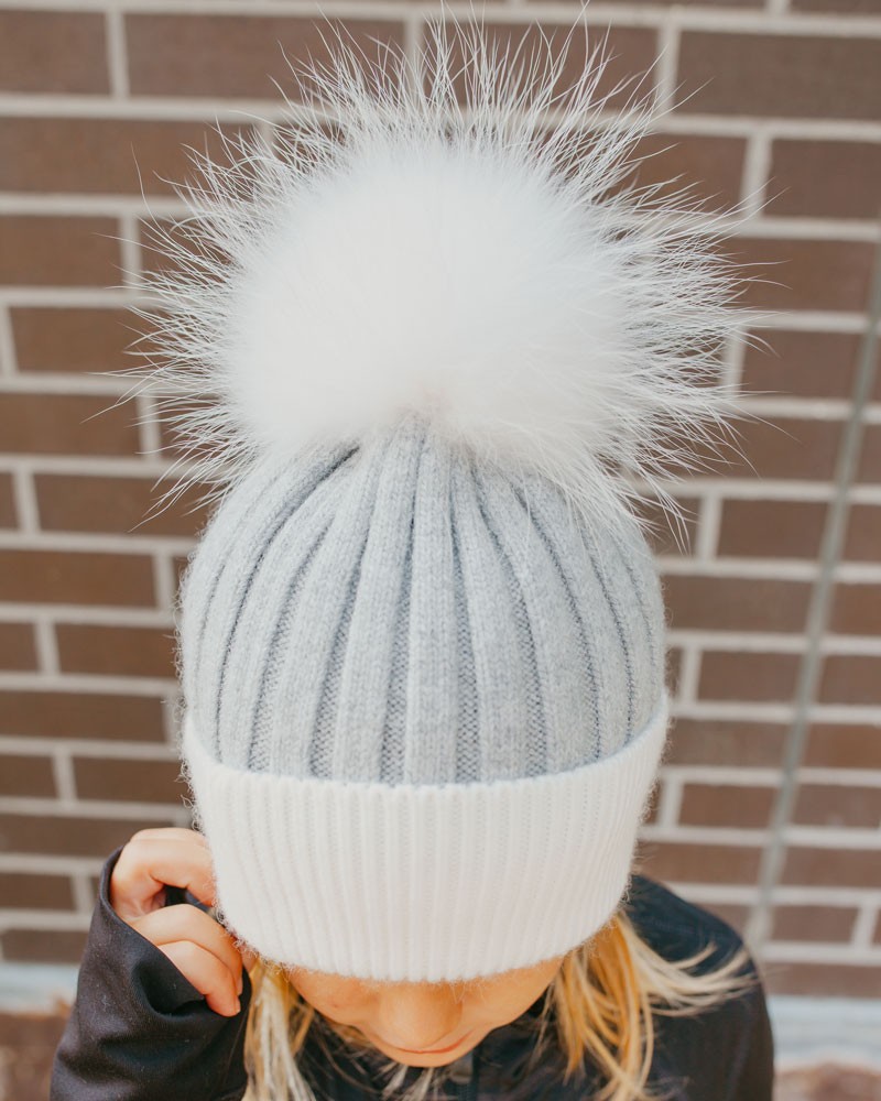 Womens White Rib Knit Beanie Hat with Brown Faux Fur Pompom 