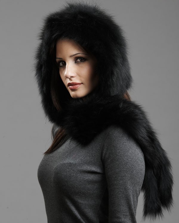 Stacy Black Knit Fox Fur Scarf with Hood