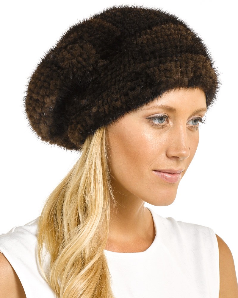 Mya Brown Knitted Mink Beanie Hat with Elastic Band