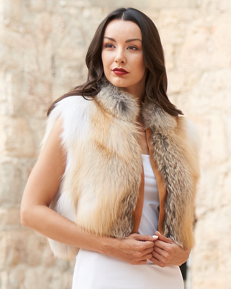 Laila Golden Fox Fur Vest with Leather Shawl Lapel
