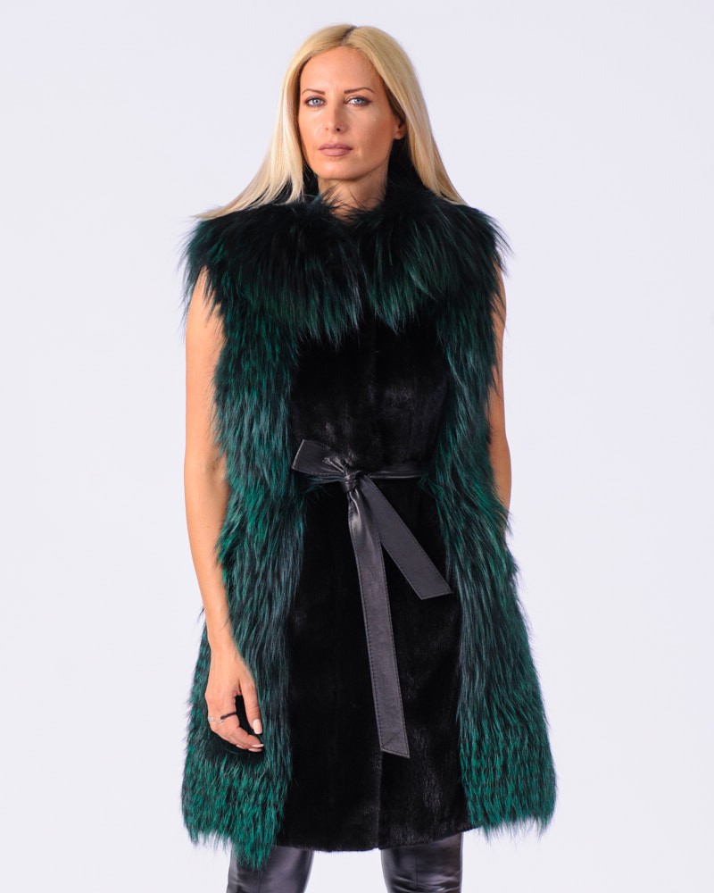 Lilith Black NAFA Mink Fur 2-in-1 Zip-Off Coat with Fox Fur Trim