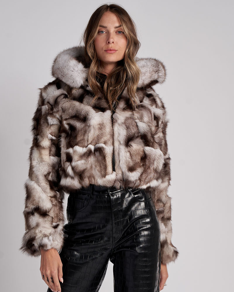 Lucia Cropped Fox Fur Jacket in Blue Fox