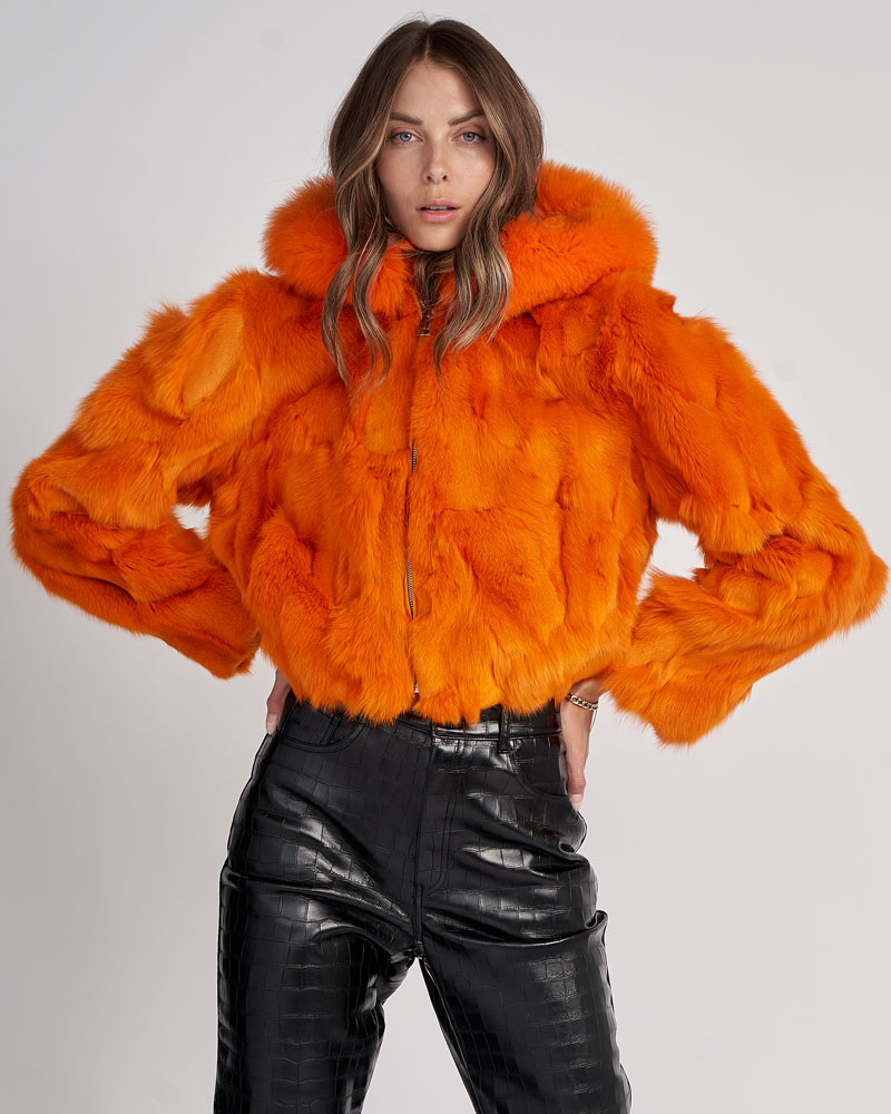 Lucia Cropped Fox Fur Jacket in Orange