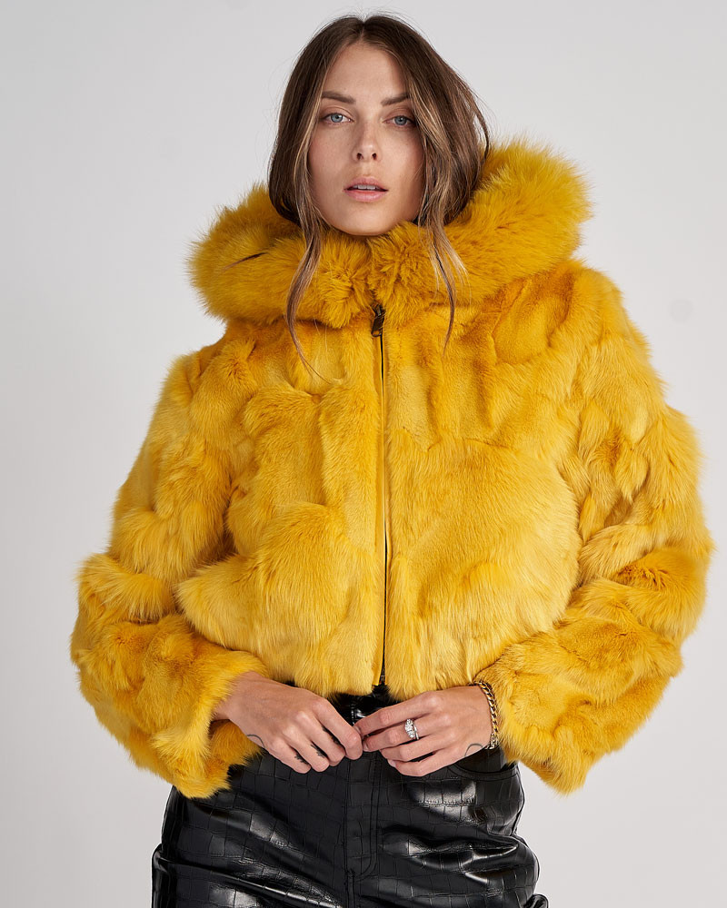 Lucia Cropped Fox Fur Jacket in Yellow