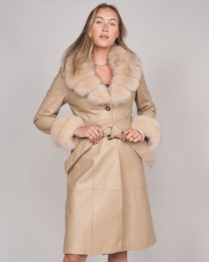 March Leather Trench Coat with Fox Fur Collar and Cuffs in Buff
